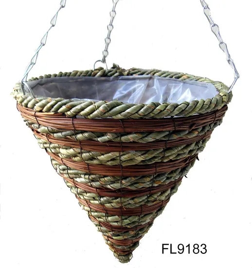 Garden Woven Rope & Fern Hanging Cone Basket Planter 